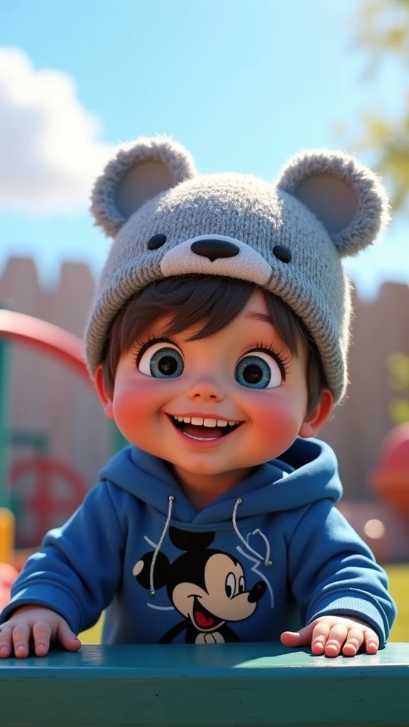 1 boy. He has light skin, short dark blond hair with bangs. Dark Blue eyes. He is smiling brightly. he is wearing a gray hat with bear face. He is wearing a blue hoodie with in mickey mouse aesthetics. Character should be colorful and have a fun, friendly look, with exaggerated, expressive features. Big expressive eyes and smiling. Pixar style