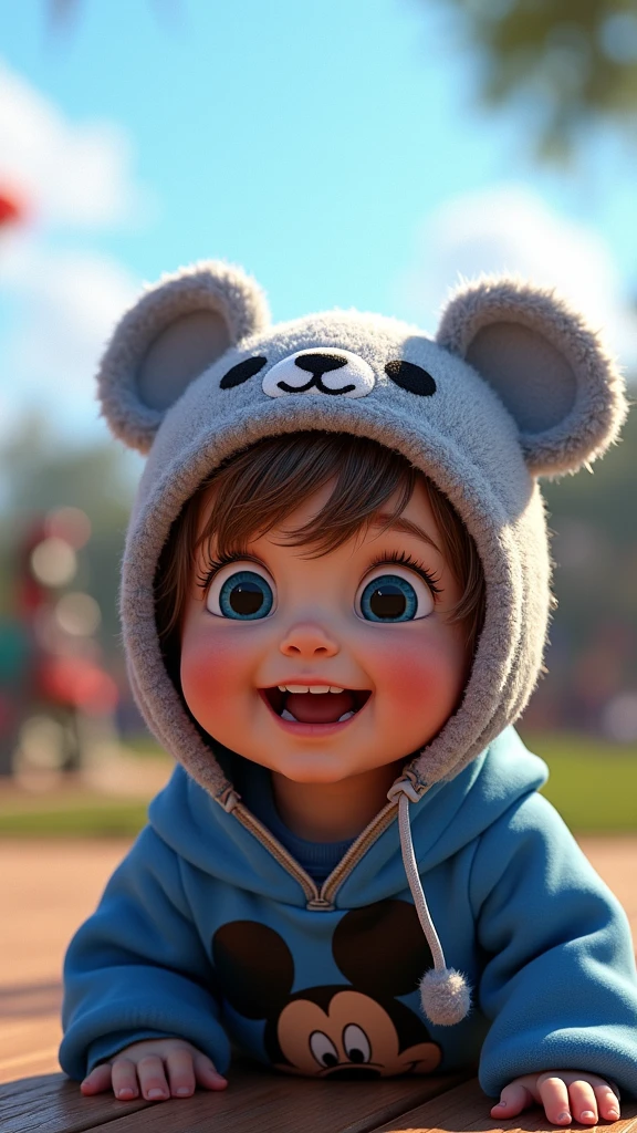 baby boy. He has light skin, short dark blond hair with bangs. Dark Blue eyes. He is smiling brightly. he is wearing a gray hat with bear face. He is wearing a blue hoodie with in mickey mouse aesthetics. Character should be colorful and have a fun, friendly look, with exaggerated, expressive features. Big expressive eyes and smiling. Pixar style