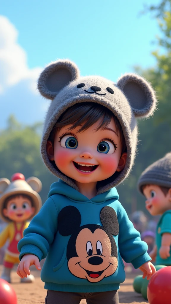baby boy. He has light skin, short dark blond hair with bangs. Dark Blue eyes. He is smiling brightly. he is wearing a gray hat with bear face. He is wearing a blue hoodie with in mickey mouse aesthetics. Character should be colorful and have a fun, friendly look, with exaggerated, expressive features. Big expressive eyes and smiling. Pixar style
