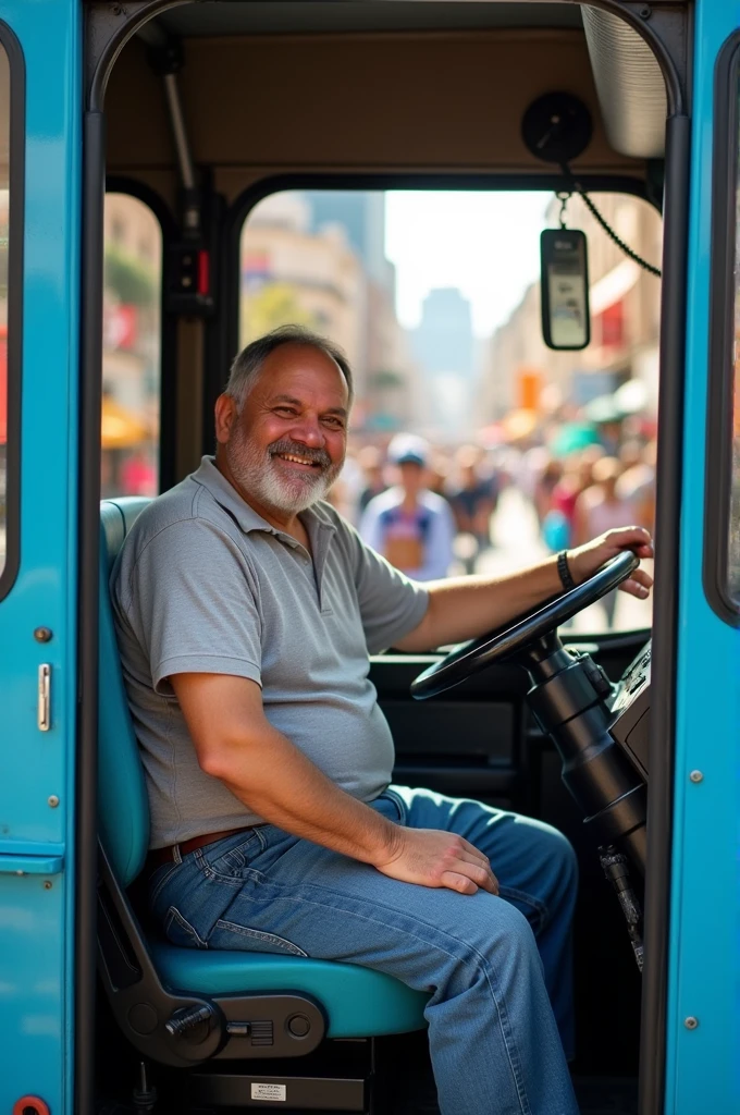Slightly overweight man, driving a blue bus, This bus says MT