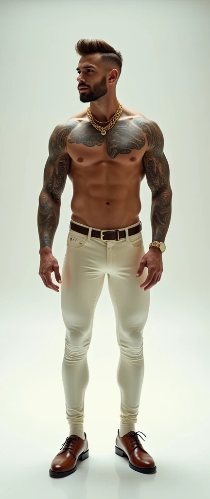 Fullbody standing picture of white Handsome muscular nude horny sexy gay man wearing skinny tight shiny cream latex tights with cream latex suit, shiny light brown glued hair Disconnected Pompadour oiled hair style, very big golden neck chain, shiny varnished brown shoes, brown belt, red lip, six pack, tattoos, horny, cum shot, sperm, milking penis, very big penis, very big testicle, shiny oiled skin, orgasm, oversexed, masturbation, standing at white lighting show room.