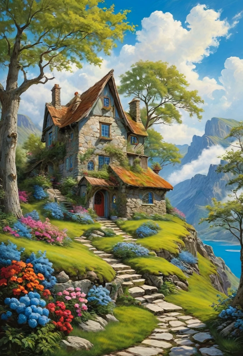 Vibrant, detailed digital painting of a whimsical, multi-story house perched on a rocky cliff. The house features a mix of wooden and stone elements, with steep, red-tiled roofs and multiple chimneys. The structure is surrounded by lush greenery, including trees, bushes, and colorful flowers, creating a lively and enchanting atmosphere. The sky is filled with fluffy, white clouds against a bright blue backdrop, adding to the overall cheerful and magical feel of the scene. The painting is rich in color and texture, with intricate details that bring the fantasy setting to life.