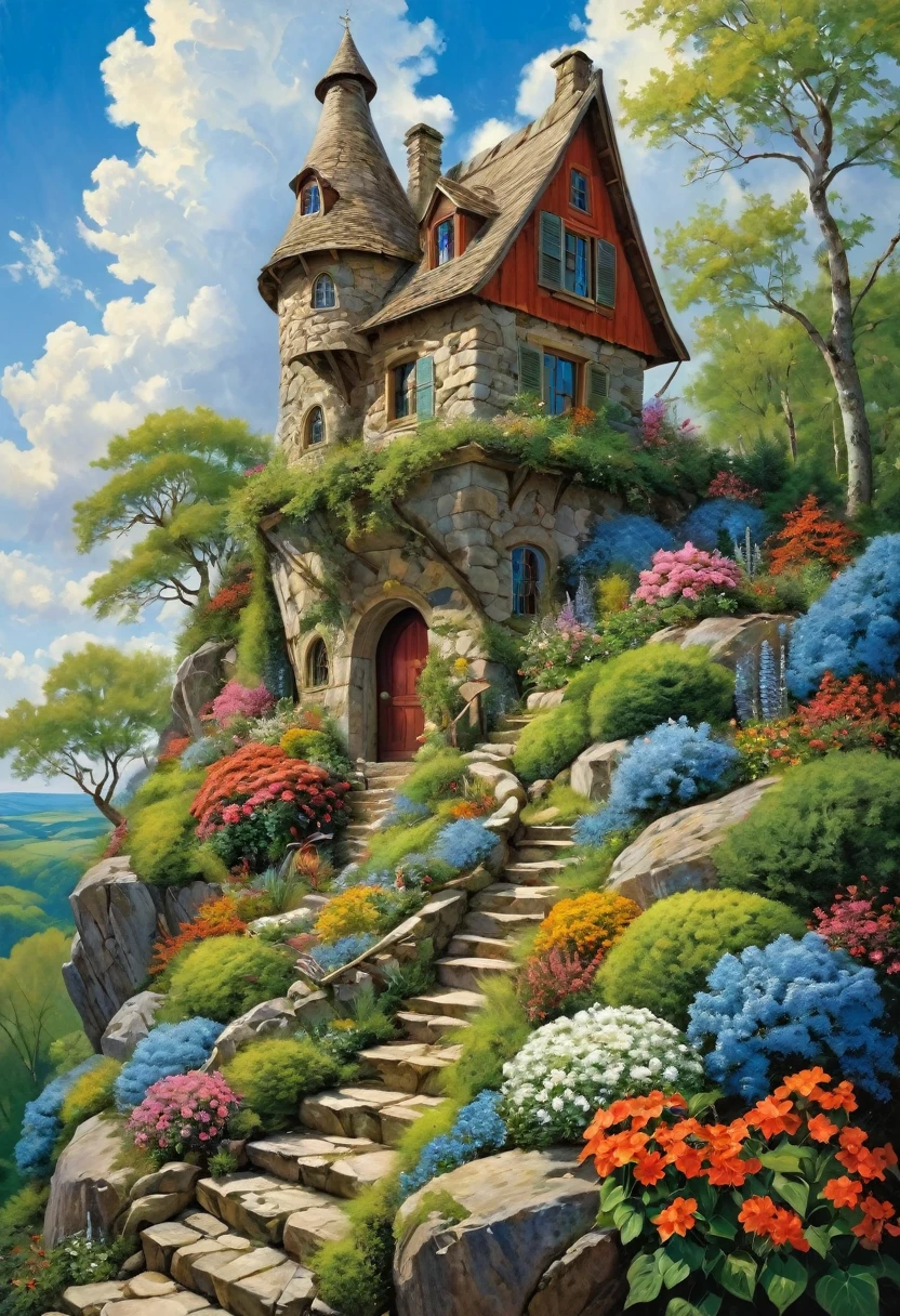 Vibrant, detailed digital painting of a whimsical, multi-story house perched on a rocky cliff. The house features a mix of wooden and stone elements, with steep, red-tiled roofs and multiple chimneys. The structure is surrounded by lush greenery, including trees, bushes, and colorful flowers, creating a lively and enchanting atmosphere. The sky is filled with fluffy, white clouds against a bright blue backdrop, adding to the overall cheerful and magical feel of the scene. The painting is rich in color and texture, with intricate details that bring the fantasy setting to life.