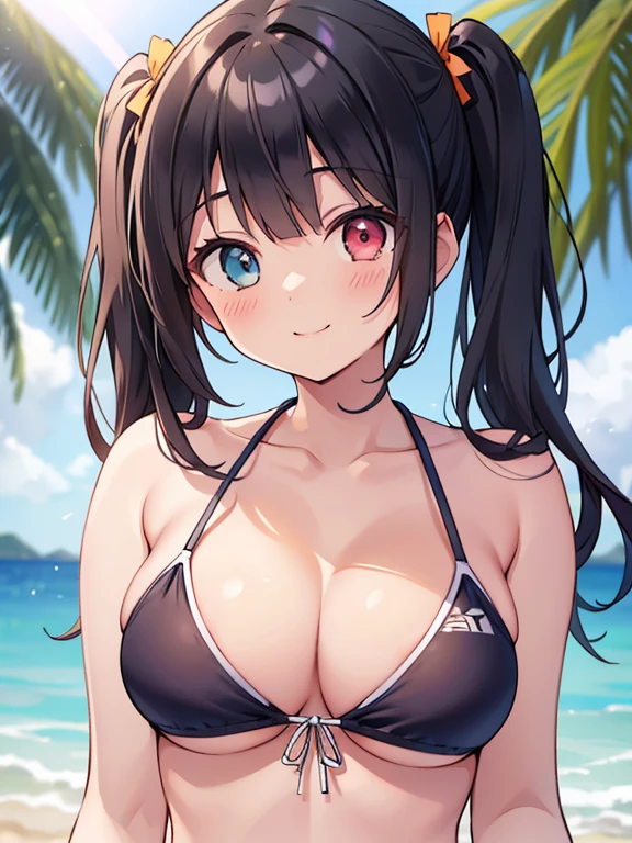 (Masterpiece, Top Quality, Super High Quality, Super High Detail, Beautiful Hair, Beautiful Eyes, Perfect Face), Summer, Beach, Sun, Blue Sky, Crowded Beach, Short Twin Tails hair, Black Hair, Very Baby Face, Droopy Heterochromia, Pink Eye, Orange Eye, Very Huge Breasts, 145cm Tall Girl She is playing beach volleyball with a smile on her face, unaware that the strings of her tiny bikini are undone and her boobs are showing,