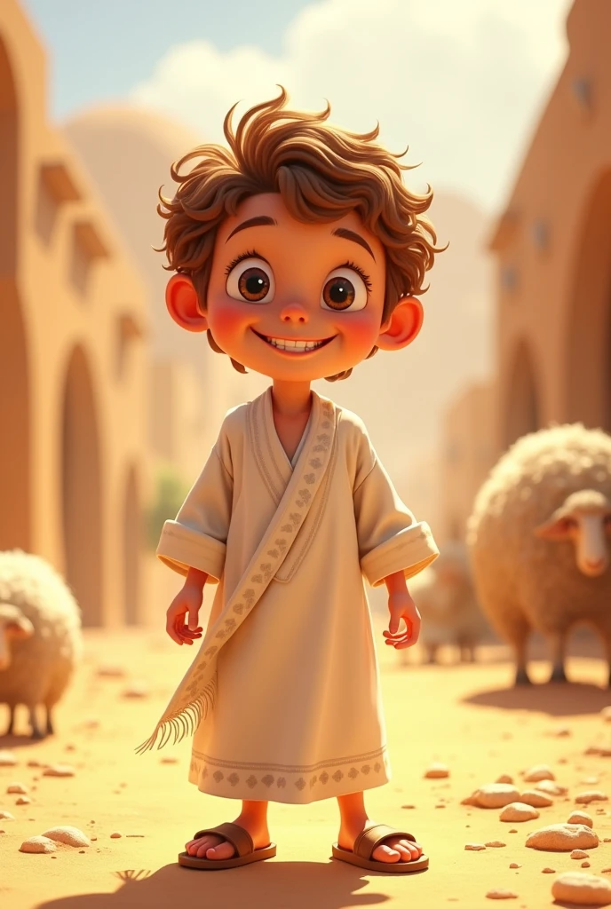 a young jew, Full-body image, (((7 years old))), ((Pixar-style)), Caucasian skin, (((Short curly hair light brown color))), wearing a white Jewish dress, jewish sandal, happy and welcoming expression, detailed facial features, complex clothing folds, warm lighting, cinematic composition in the desert with sheep nearby, rewarded photography.
