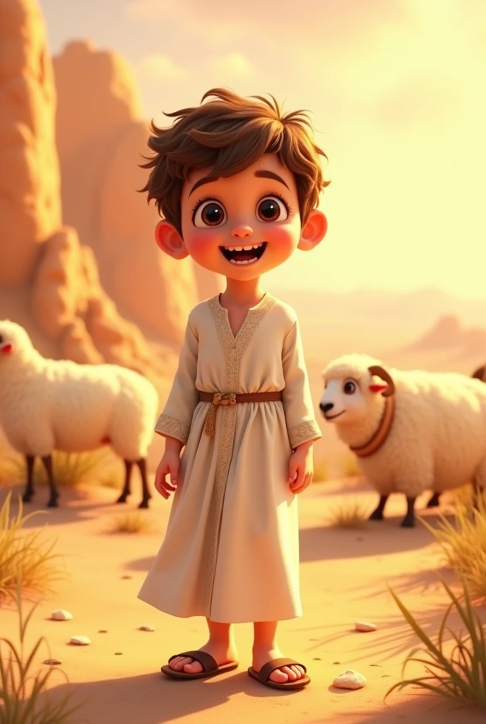 a young jew, Full-body image, (((7 years old))), ((Pixar-style)), Caucasian skin, (((Short curly hair light brown color))), wearing a white Jewish dress, jewish sandal, happy and welcoming expression, detailed facial features, complex clothing folds, warm lighting, cinematic composition in the desert with sheep nearby, rewarded photography.