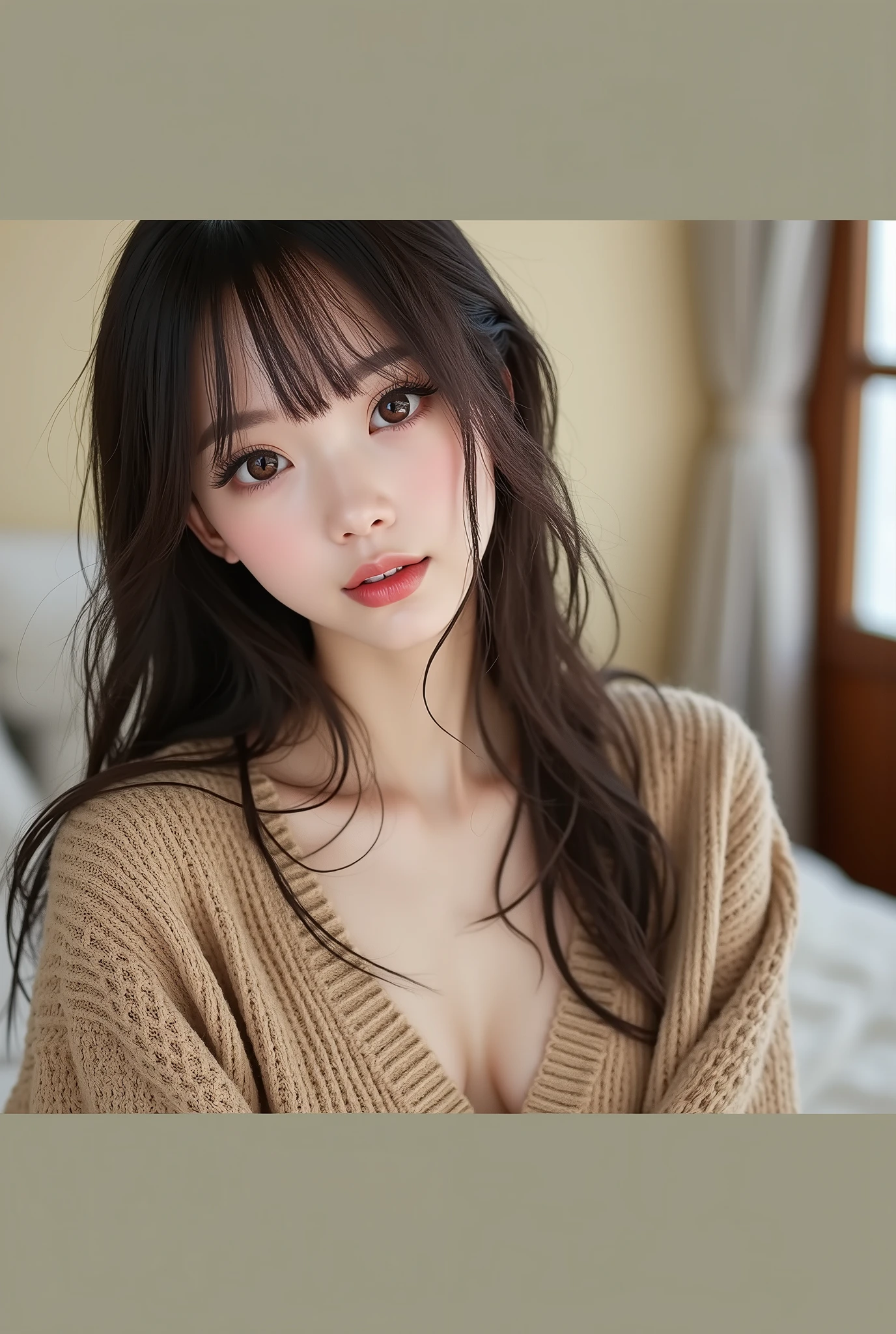 Wearing a knitted sweater & mini skirt, (Lift up your skirt to show your underwear:1.3), Realistic photo, of Japanese, nude, Lie on the bed with your legs spread, The lower body is a futuristic machine, Detailed face and body, Natural light, High resolution, photoRealistic, (Highest quality,8k,High resolution,masterpiece:1.2),Very detailed,(Realistic,photoRealistic,photo-Realistic:1.37),Realistic skin texture,Beautiful long eyes and lips,Beautifully detailed face,Long eyelashes,Smooth Skin,Natural body shape,((Medium Hair,Straight Hair,Keep your bangs straight down)),(Thin face,Small jaw,Wide forehead,The space between the eyes is narrow)