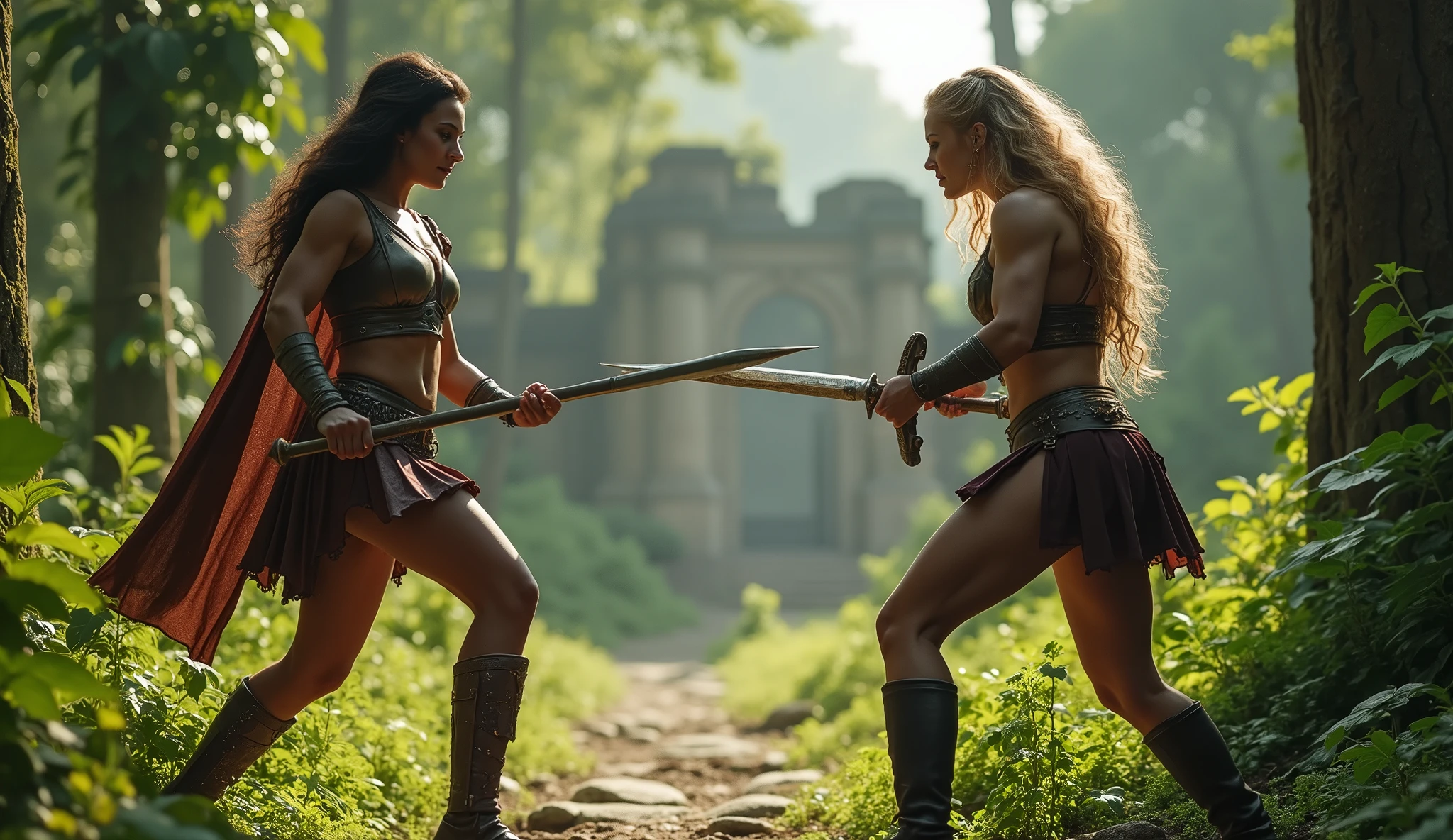 two amazons fighting each other, amazon 1 (brunette, light armor, spear) amazon 2 (blonde, light armor, sword) forest background and ancient temple, battle stance. (masterpiece) (best quality) (detailed) (8k) (HDR) (wallpaper) (cinematic lighting) (sharp focus) (intricate)