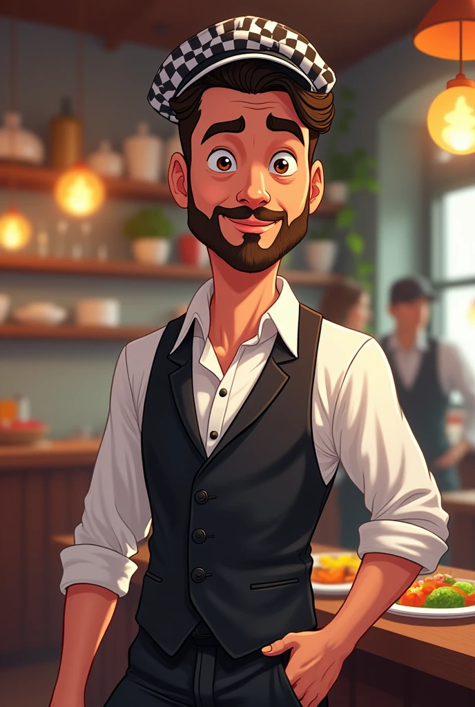 A man wearing cap, dressed black and wite, checked cap, smart and young, with mustache, 30years old, restaurant founder - cartoonic with light beard