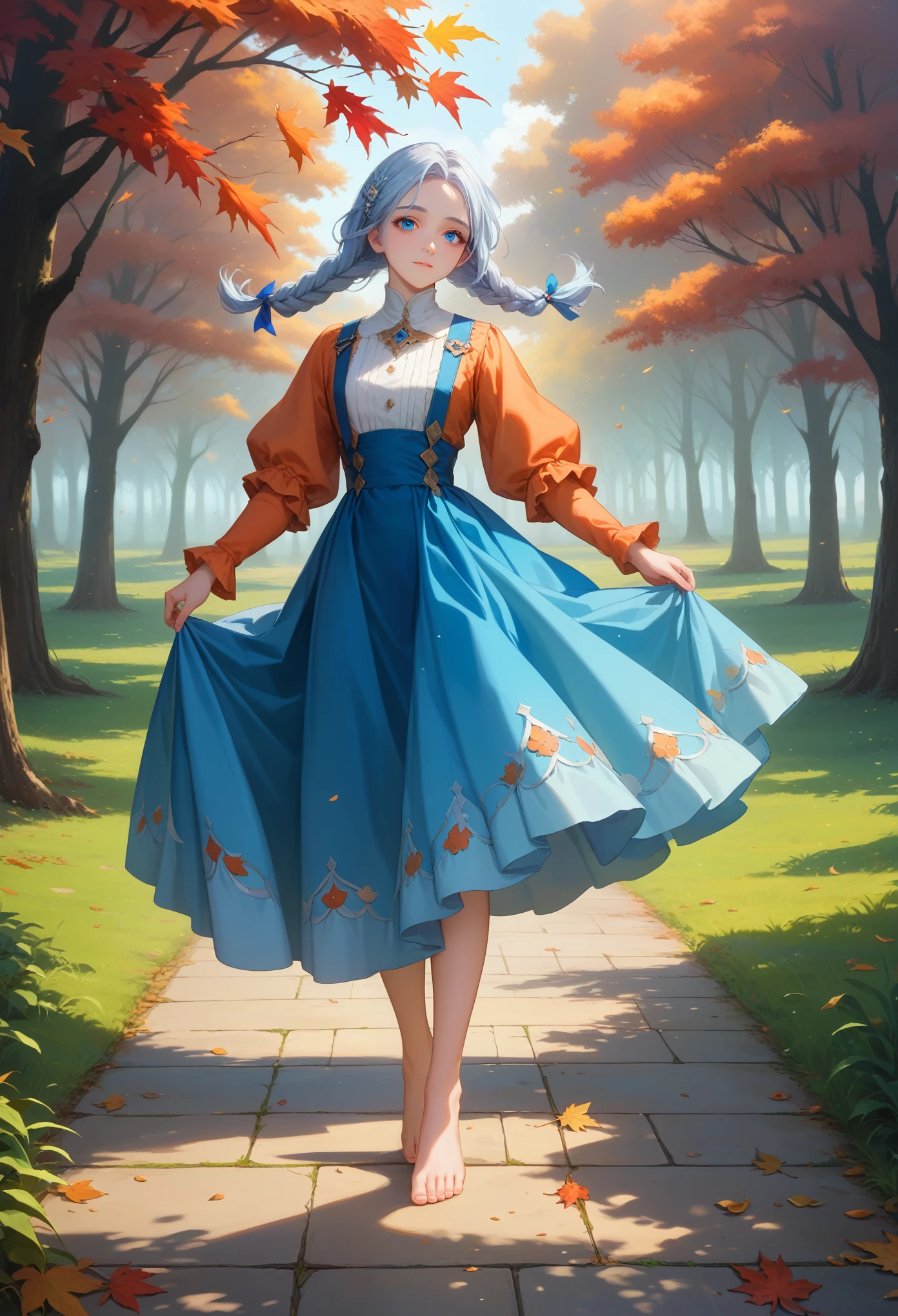 score_9, score_8_up,score_7_up, masterpiece, best quality, perfect anatomy, very aesthetic, official art, 8k, 1 girl, A Little Makeup, sexy, Orange sleeves, White hair, White skin, Light Blue Hair Ornament, Blue suspenders, blue clothes, light blue eyes, bare feet, double braids, Background Path of Paved Stones, Joy is coming, hair flutters in the wind, Warm Atmosphere, Falling leaves, Wooden Railings Red Color, autumn, Darkish Colors, Gentle Rays of the Sun Fall on the Girl, masterpiece, a high resolution, Clear drawing of details, fantasy, very wide shot, dynamic shadows, beauty, All according to the Author,  