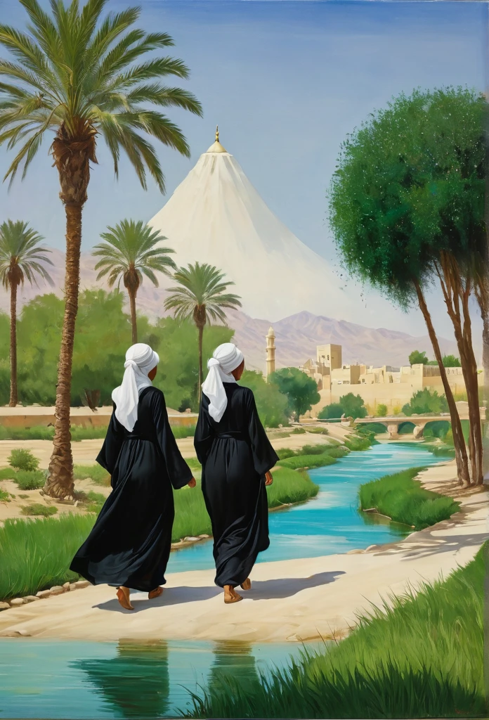 A captivating painting of a forty-year-old mother and her twenty-year-old daughter, wearing black abayas, walking on a street with a river on one side and some trees and short grass, and on the other side date palms and green grass. Above them is a flying woman wearing a white Islamic dress, and under her feet is a white cloud protecting them from the sun. Waiting for them is a knight riding his white armored horse, wearing a green Arab warrior's uniform and a black turban, holding a cup of water and a water skin in his hand.