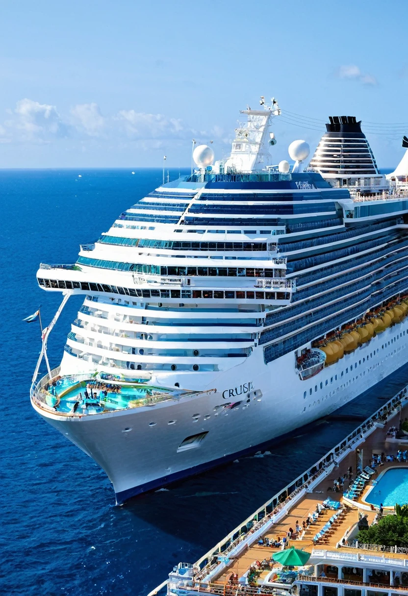 God perspective,There are a lot of little girls in bikinis playing near the oversized cruise ship