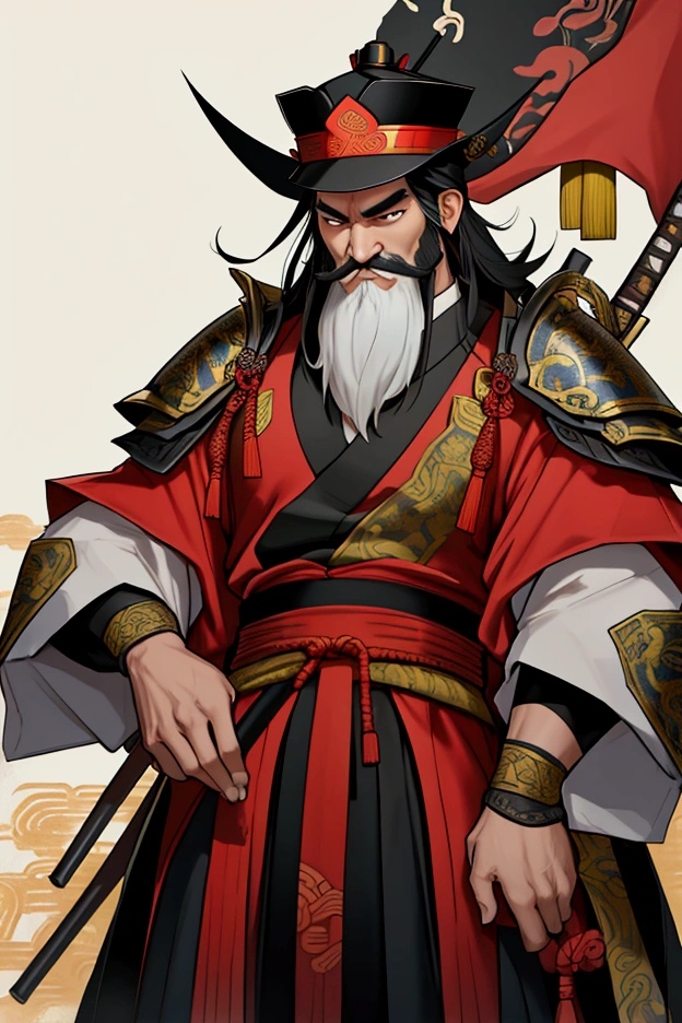 A male character wearing a Chinese costume holding a halberd ,Characters in the Three Kingdoms, ancient soldier, Wearing Chinese iron armor, , Chinese warrior character design,Use Chinese weapons, lu bu ,Yes, it's a Chinese general's hat.,Has a long beard and mustache,Middle-aged man,Chinese people,black hair,see the whole body,See the whole head, face, body, arms and legs in yellow tones."Tall,
