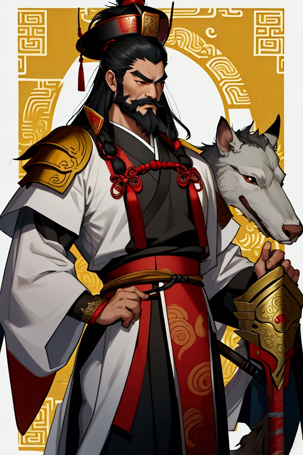 A male character wearing a Chinese costume holding a halberd ,Characters in the Three Kingdoms, ancient soldier, Wearing Chinese iron armor, , Chinese warrior character design,Use Chinese weapons, lu bu ,Yes, it's a Chinese general's hat.,Has a long beard and mustache,Middle-aged man,Chinese people,black hair,see the whole body,See the whole head, face, body, arms and legs in yellow tones."Tall,