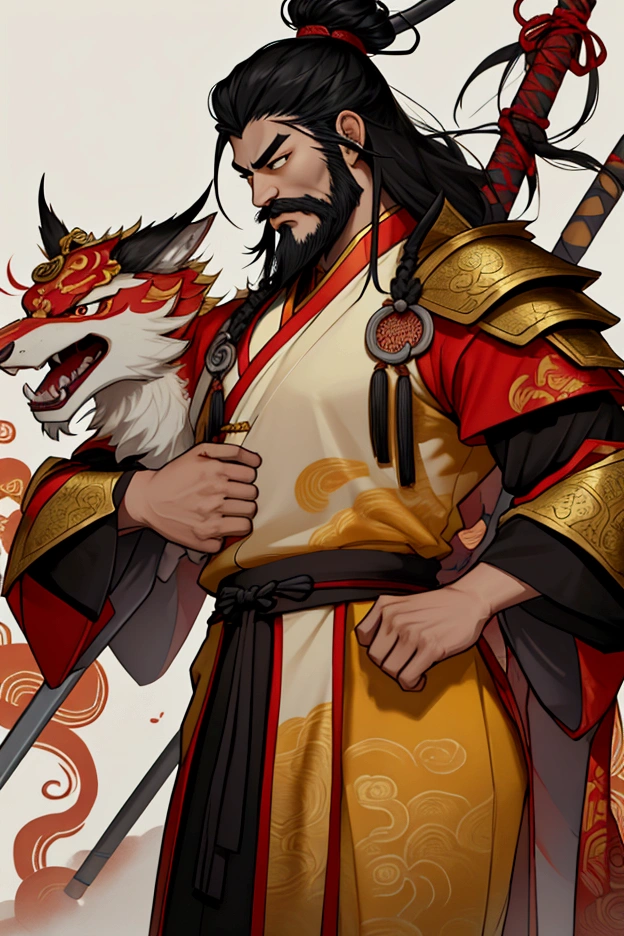 A male character wearing a Chinese costume holding a halberd ,Characters in the Three Kingdoms, ancient soldier, Wearing Chinese iron armor, , Chinese warrior character design,Use Chinese weapons, lu bu ,Yes, it&#39;s a Chinese general&#39;s hat.,Has a long beard and mustache,Middle-aged man,Chinese people,black hair,see the whole body,See the whole head, face, body, arms and legs in yellow tones."Tall,