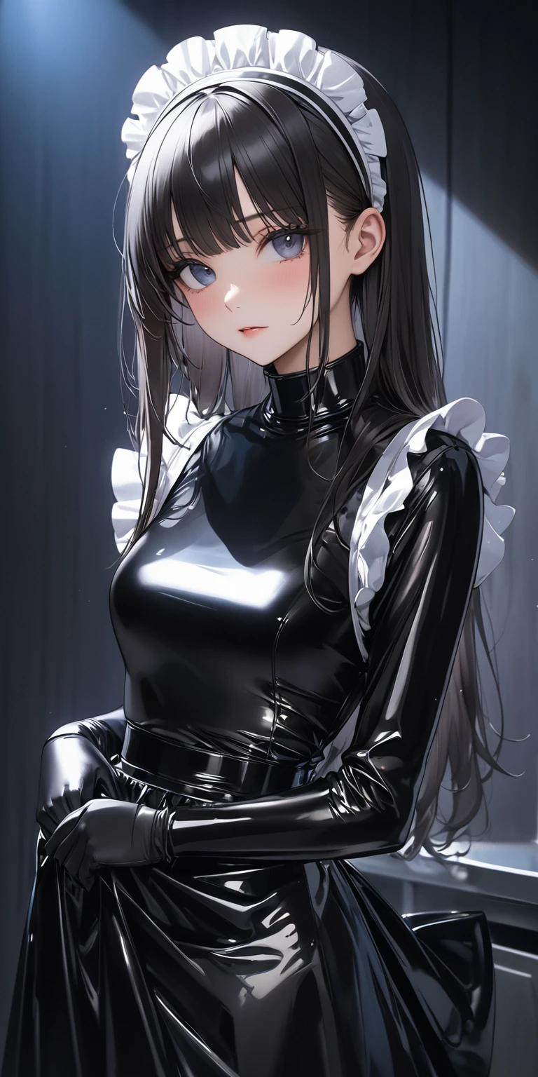 Portraiture、(masterpiece,Highest quality,Ultra-high resolution),Japanese women, Maid Headband、(((A very beautiful 25 year old))),(Black Latex Maid Clothing)、(((Black latex long skirt)))、(A long-sleeved black latex shirt covering the upper body)、Black latex long gloves、Black Latex Tights、Latex is very shiny、Dark room at night