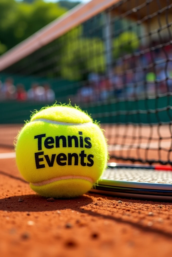 A tennis ball with the name Tennis Events , on a clay court with a racket resting on the net. 