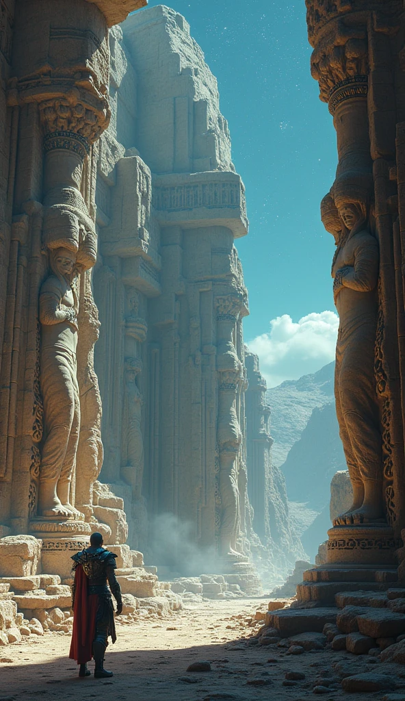 ruins of an ancient alien temple on a desolate planet. The architecture combines alien design with elements of ancient Earth civilizations, such as towering statues and intricate carvings. The scene is lit by distant stars and glowing alien flora. A lone figure, possibly the tormented warrior, stands in contemplation among the ruins. Focus on the contrast between ancient and futuristic elements, detailed textures of stone and metal, and the eerie, mysterious atmosphere