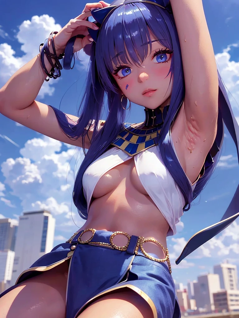 (anime art of Aztec clothing, blue tattoo, solar eclipse, Mayan temple, Mexican, red skin,:1.2), masterpiece, 4k, best quality, anime art, natural beauty, groping her breasts, bangs haircut, laying down on her back, small cloth placed over her groin, ((photorealism anime)), (shiny breasts), (full body shot), legs separated, slightly tanned skin, no nude