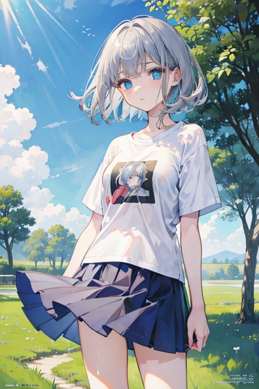,High resolution, Gray Hair, Shortcuts,anime,masterpiece, Anatomically correct, 最high quality, High detail, high quality, blue eyes,Megami Magazine, Small breasts, short hair, Veranda, (Fan), Let air into your clothes, A T-shirt puffed up by the wind, Sweat, countryside, Fanでお腹を冷やす, Fanで涼む