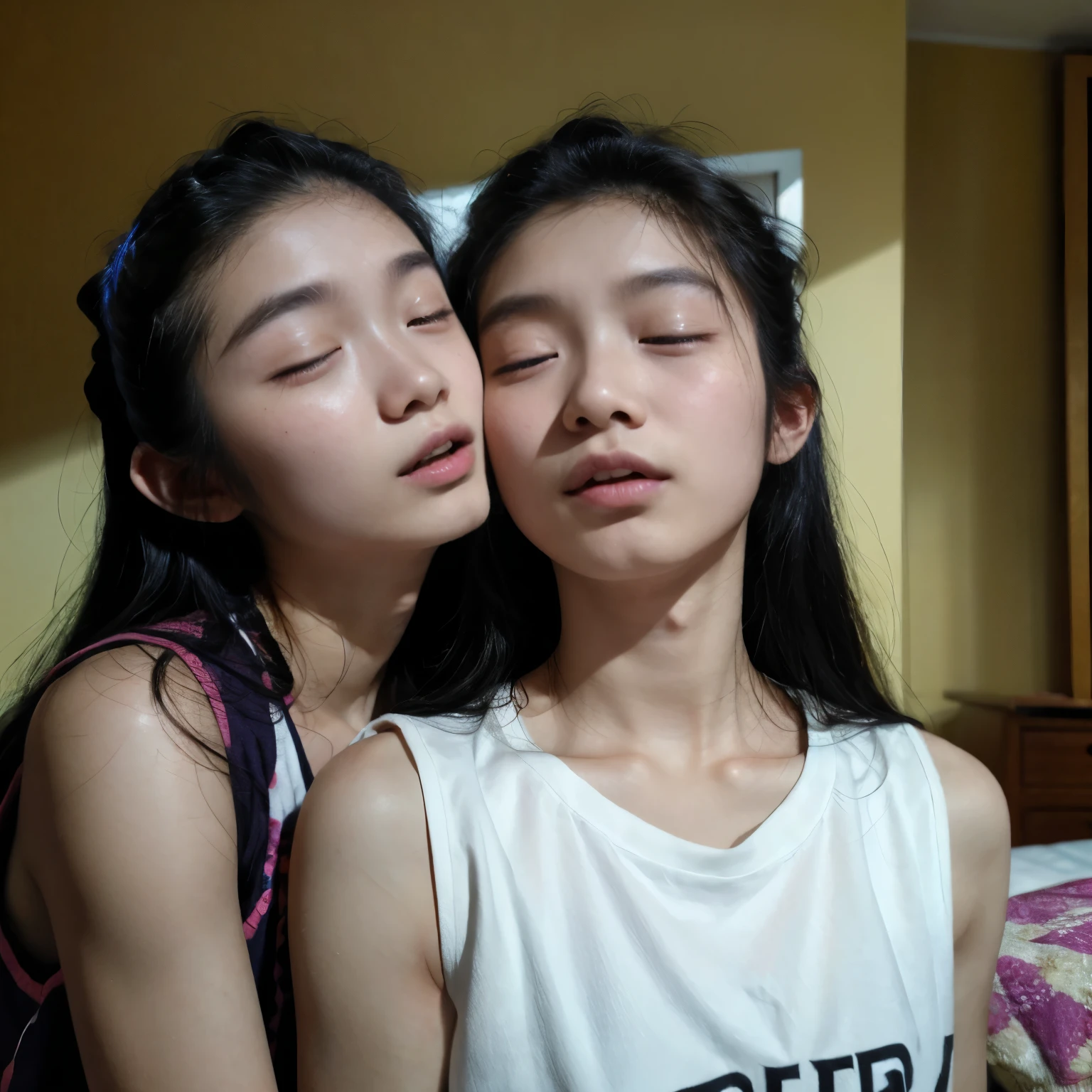 Two people、Identical twin sisters、(Highest quality, 8k, 32K), (RAW Photos, Highest quality), (Realistic, Photorealistic:1.3), masterpiece, 8k、RAW Photos、(Masseter muscle area)1.5、(Highest quality)1.5、High resolution、look up,(With a girl)、(Realistic、Photorealistic:1.5), (close your eyes):1.0, (Open your mouth):1.5. Real Numbers、Hug me from behind、Upper Body、Black Hair, 19 years old Japanese, cute, white cotton sleeveless、skinny、14 years(())1.8、close your eyes、深いsorrow、sorrow、空をlook up、shout、Bedroom、Background Blur