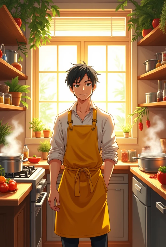 A man is in the kitchen of the anime Yellow Apron