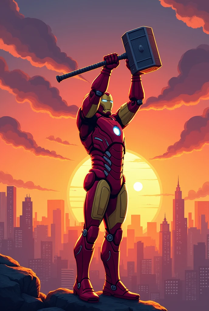 Iron man lifted Thor hammer like Instagram logo