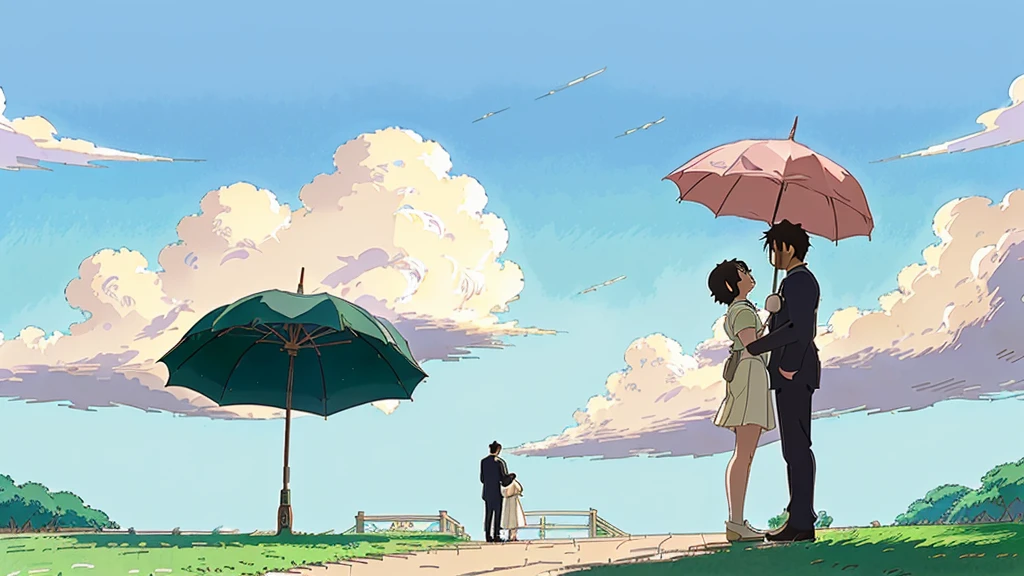 anime scene of a man and woman standing under an umbrella, studio ghibli art style, ghibli art style, style in ghibli anime style, style in ghibli anime, miyazaki style, by Miyazaki, art studio ghibli, studio ghibli artstyle, studio ghibli and shinkai makoto, studio ghibli style, studio ghibli sky, studio ghibli sunlight
