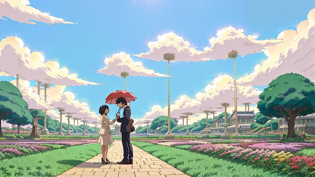 anime scene of a man and woman standing under an umbrella, studio ghibli art style, ghibli art style, style in ghibli anime style, style in ghibli anime, miyazaki style, by Miyazaki, art studio ghibli, studio ghibli artstyle, studio ghibli and shinkai makoto, studio ghibli style, studio ghibli sky, studio ghibli sunlight
