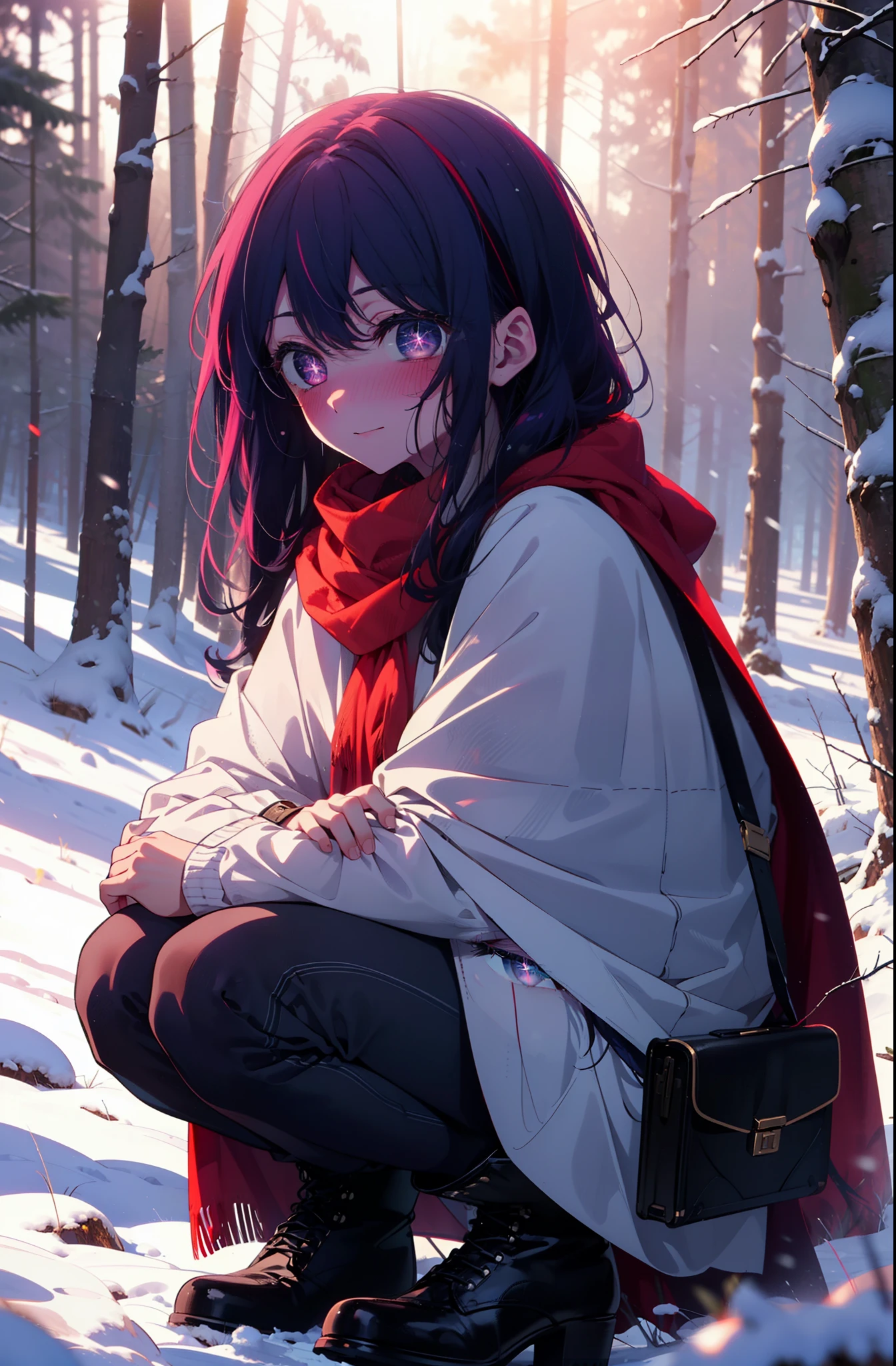 aihoshino, Ai Hoshino, Long Hair, bangs, (Purple eyes:1.1), Purple Hair, (Symbol-shaped pupil:1.5), smile,,smile,blush,white breath,
Open your mouth,snow,Ground bonfire, Outdoor, boots, snowing, From the side, wood, suitcase, Cape, Blurred, , forest, White handbag, nature,  Squat, Mouth closed, Cape, winter, Written boundary depth, Black shoes, red Cape break looking at viewer, Upper Body, whole body, break Outdoor, forest, nature, break (masterpiece:1.2), Highest quality, High resolution, unity 8k wallpaper, (shape:0.8), (Beautiful and beautiful eyes:1.6), Highly detailed face, Perfect lighting, Highly detailed CG, (Perfect hands, Perfect Anatomy),