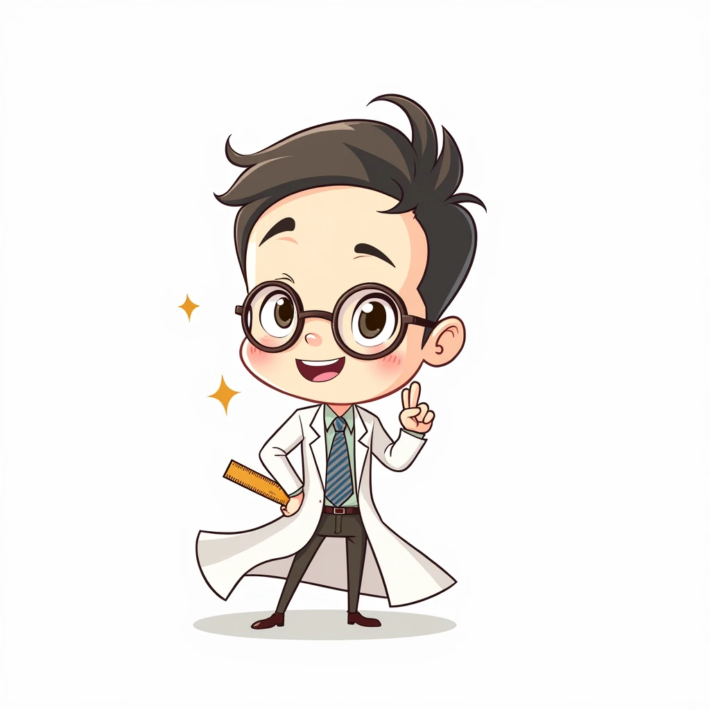 a cute cartoon style professor, 1 man, glasses, one arm in front, one hand holding a ruler behind his back, cartoon illustration, cute, adorable, whimsical, colorful, vibrant, dynamic pose, detailed facial features, expressive eyes, warm lighting, soft shadows, playful, humorous, stylized, sketch-like, high detail, 4k, best quality