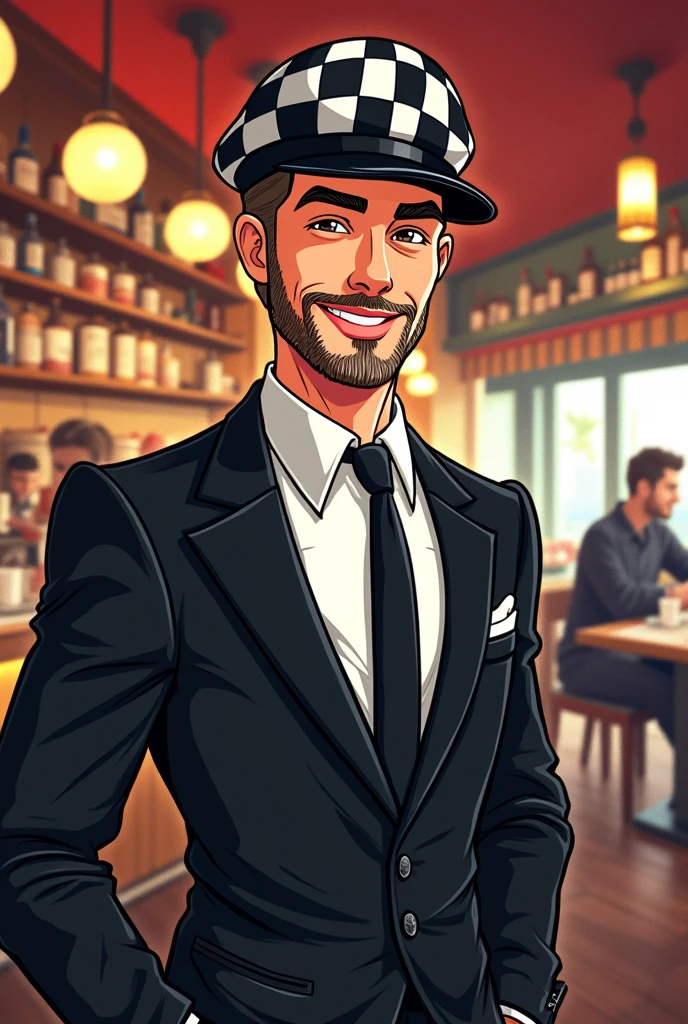 A man wearing cap, dressed black and wite, checked cap, smart and young, with mustache, 30years old, restaurant founder - cartoonic with light beard
