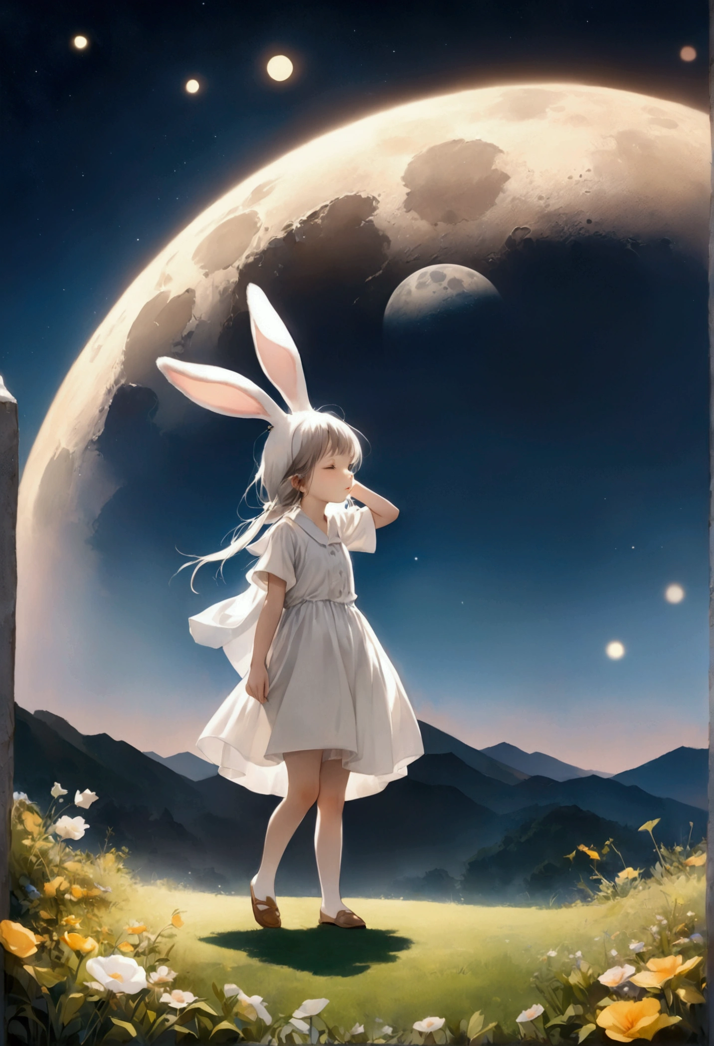 The little prince watercolor illustration style.Simple splash ink rendering background with the beautiful oriental girl Chang'e and the little white rabbit standing on the moon..Soft background.More dreamy and ethereal atmosphere.Cover the screen.More obvious gradation.Bokeh effect.Best Works. anatomically correct.Scenery background(best quality,4K,8k,High resolution,masterpiece:1.2),Super detailed,(actual,photoactual,photo-actual:1.37),
