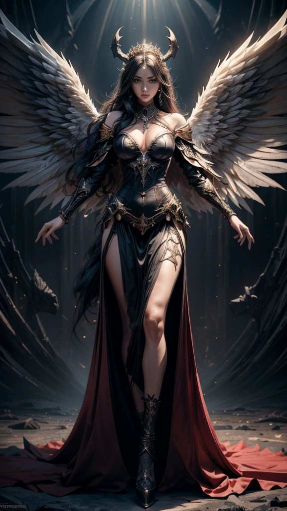 (RAW shooting:1.5, realistic:1.5, Fantasy:1.5, 8D), light and dark, (Highest quality, Masterpiece, Ultra high resolution), The Desolated Demon World, ((Perfect dynamic composition:1.7, Wear exquisite jewelry:1.6)), (Clearly separated, Angel wings and devil wings, White wings and black wings), (Realistic picture, highest resolution), The beautiful face with a calm and elegant expression, Completely gone, (A demon god with wide wings and enormous power on his shoulders., black bat wings:1.2, white angel wings:1.5), (Beautiful girl with two meter long hair, Shiny black hair, Smooth white skin, Lips are very red.), ((stand, finished)), (big breasts, big breast), (gigantic breast, breast augmentation, Breast 400 cc., small waist, hips raised, small thighs, Long legs), (dynamic poses), (Armor that slightly covers the body), Separate theme, (Angel wings and devil wings), floating in the air above the ground, background darkness, Embraced with twelve wings, He with a crown-like radiance, Those who have light, Wearing little armor, Energy comes out of the body., sparkling wings, White light, black light, Amazing wings, beautiful posture, 8K resolution, Resolution 4000 x 2250 pixels, beautiful posture, Angel wings and devil wings, (Realistic picture, highest resolution), Angel wings and devil wings, White wings and black wings, Angel wings and bat wings, Angel wings and devil wings, White wings and black wings, (เน้นที่big breastsโต, big breastโต), (gigantic breast, small waist, hips raised, small thighs, Long legs), (dynamic poses), (A form-fitting dress in black and red with beautiful patterns, Decorated with gold embroidery, Show off your body to the fullest), Tight-fitting outfit, Short film set that reveals the body, (Angelic and demonic wings separated on the back shoulders), Very full and plump breasts, Breasts that overflow and push against the fabric of the dress, see full body, See every part of the body, full body image, Visible from head to toe