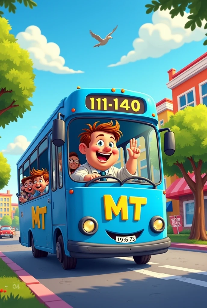 Image in cartoon format, of a slightly overweight man, wearing a blue shirt, driving a blue bus, This bus says MT and the numbers 11140