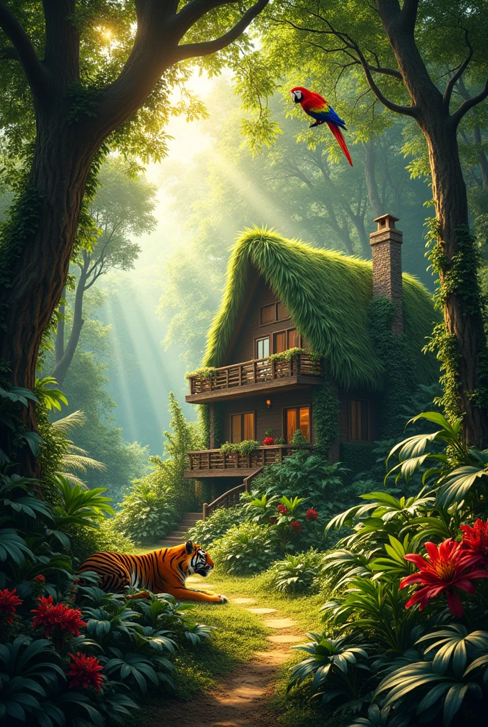 My home in the jungle with real animals like tiger parrot
