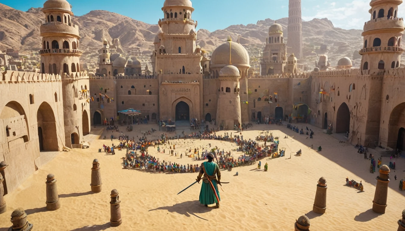 A city in the desert from the time of 1200, with rounded and colorful towers, and a giant statue of a man with braids holding his sword up. The city is surrounded by a wall.
