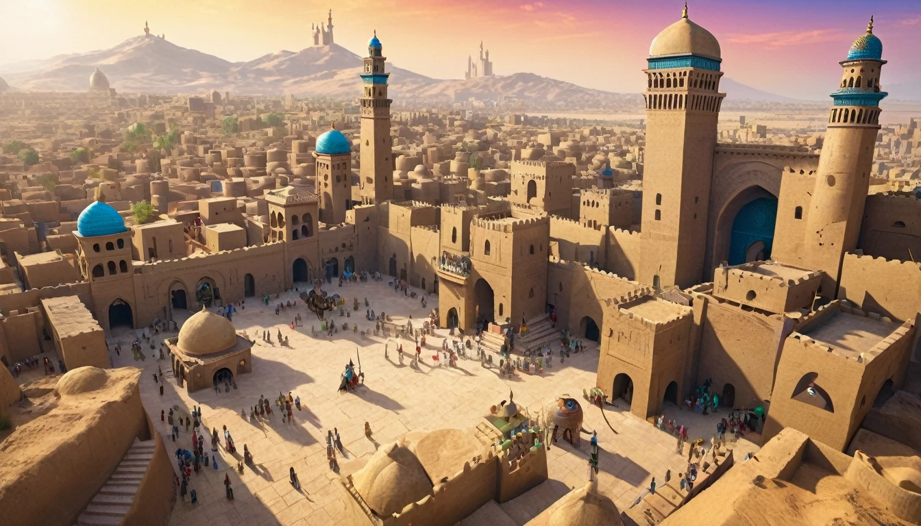 A city in the desert from the time of 1200, with rounded and colorful towers, and a giant statue of a man with braids holding his sword up. The city is surrounded by a wall.