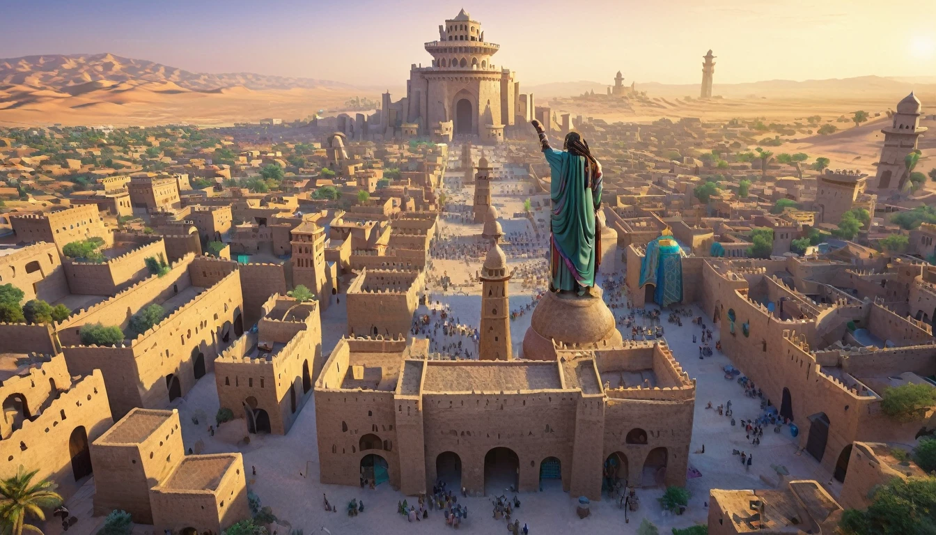A city in the desert from the time of 1200, with rounded and colorful towers, and a giant statue of a man with braids holding his sword up. The city is surrounded by a wall.