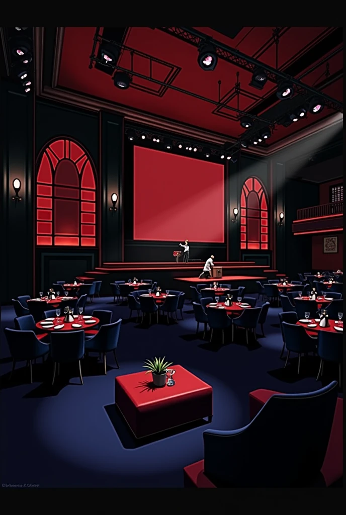 photorealistic, red, jazz club, stage, large interior, tables, spacious, big building, tables and chairs, performing stage, moody, red
