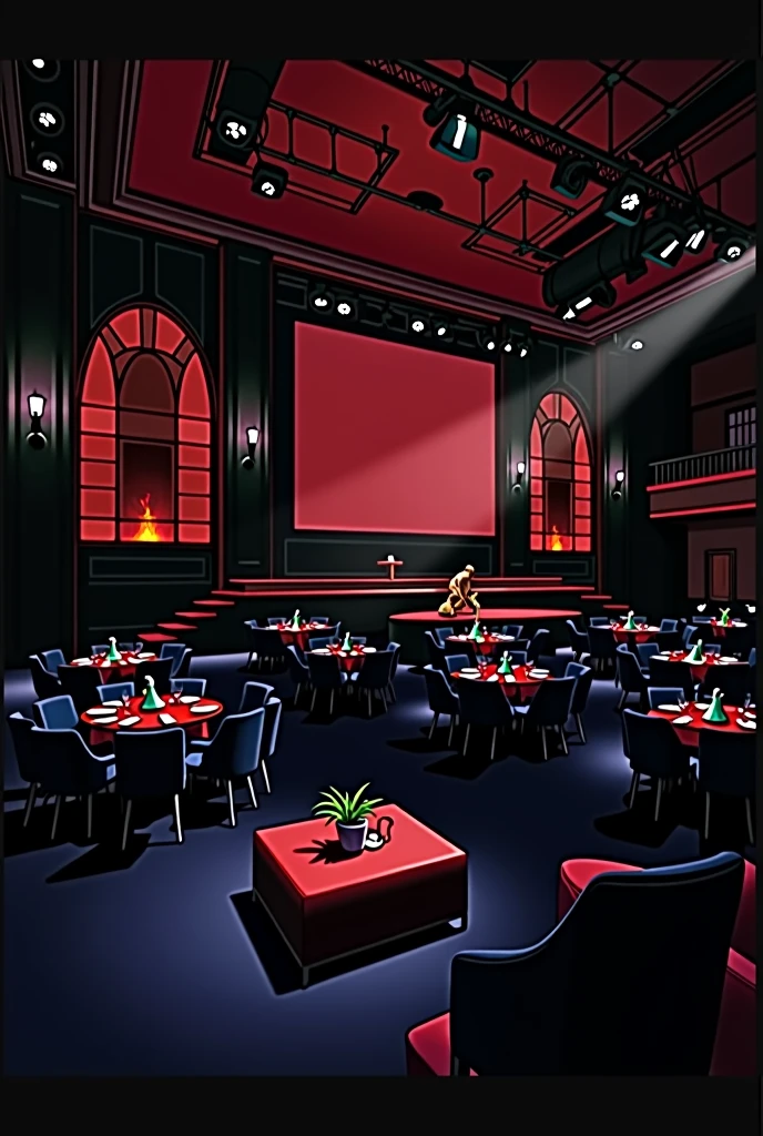 photorealistic, red, jazz club, stage, large interior, tables, spacious, big building, tables and chairs, performing stage, moody, red