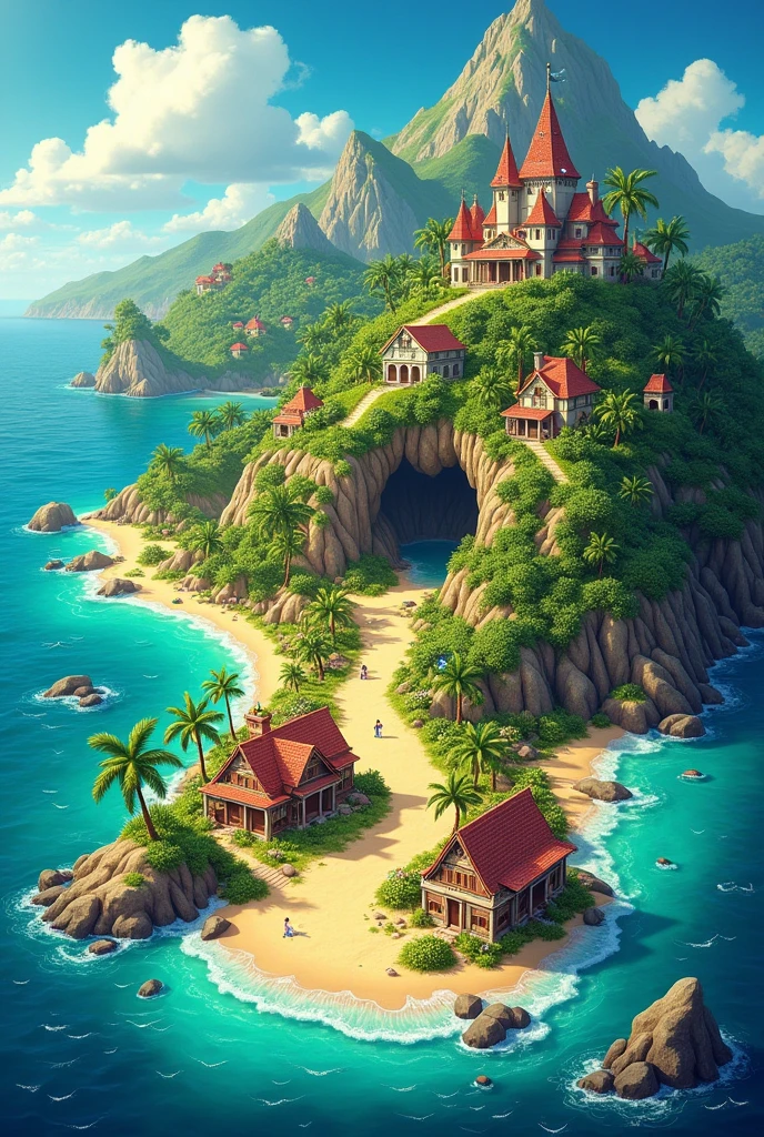 A board for a treasure hunt game, with approximately 60 houses, the image will be of an island, should be divided into: cavern, beachfront, moutain, forest and mansion and it must be a tropical island