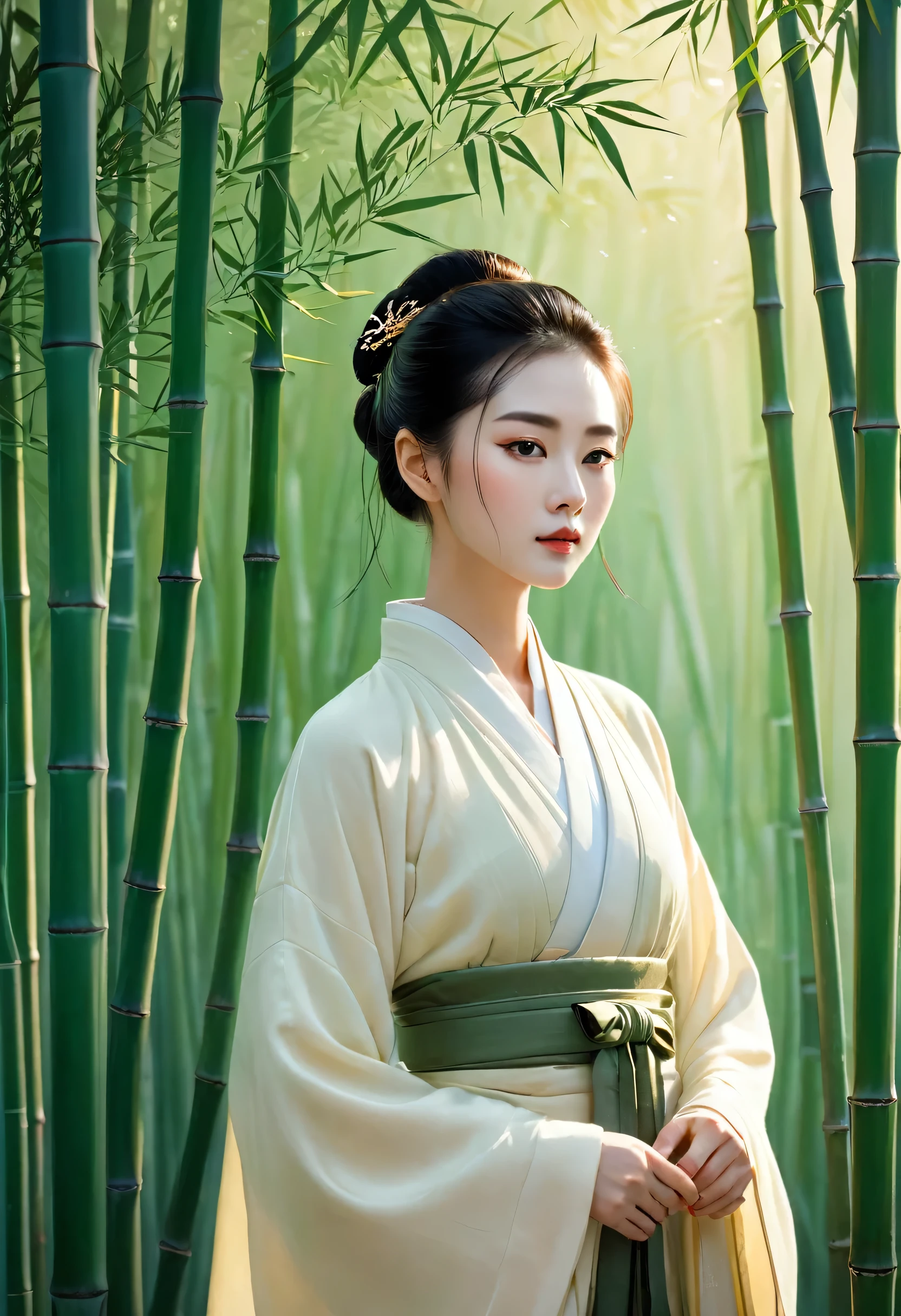 A woman in Hanfu stands among the bamboo groves, her silhouette illuminated by golden light. The scene is rendered with a minimalist aesthetic and an ethereal glow, creating a dreamlike atmosphere. This artwork captures the essence of ancient Chinese culture through its elegant composition and soft tones. It embodies simplicity and tranquility, showcasing traditional aesthetics within a modern context. The woman is dressed in traditional , with the artwork rendered in the style of minimalism and tranquility.