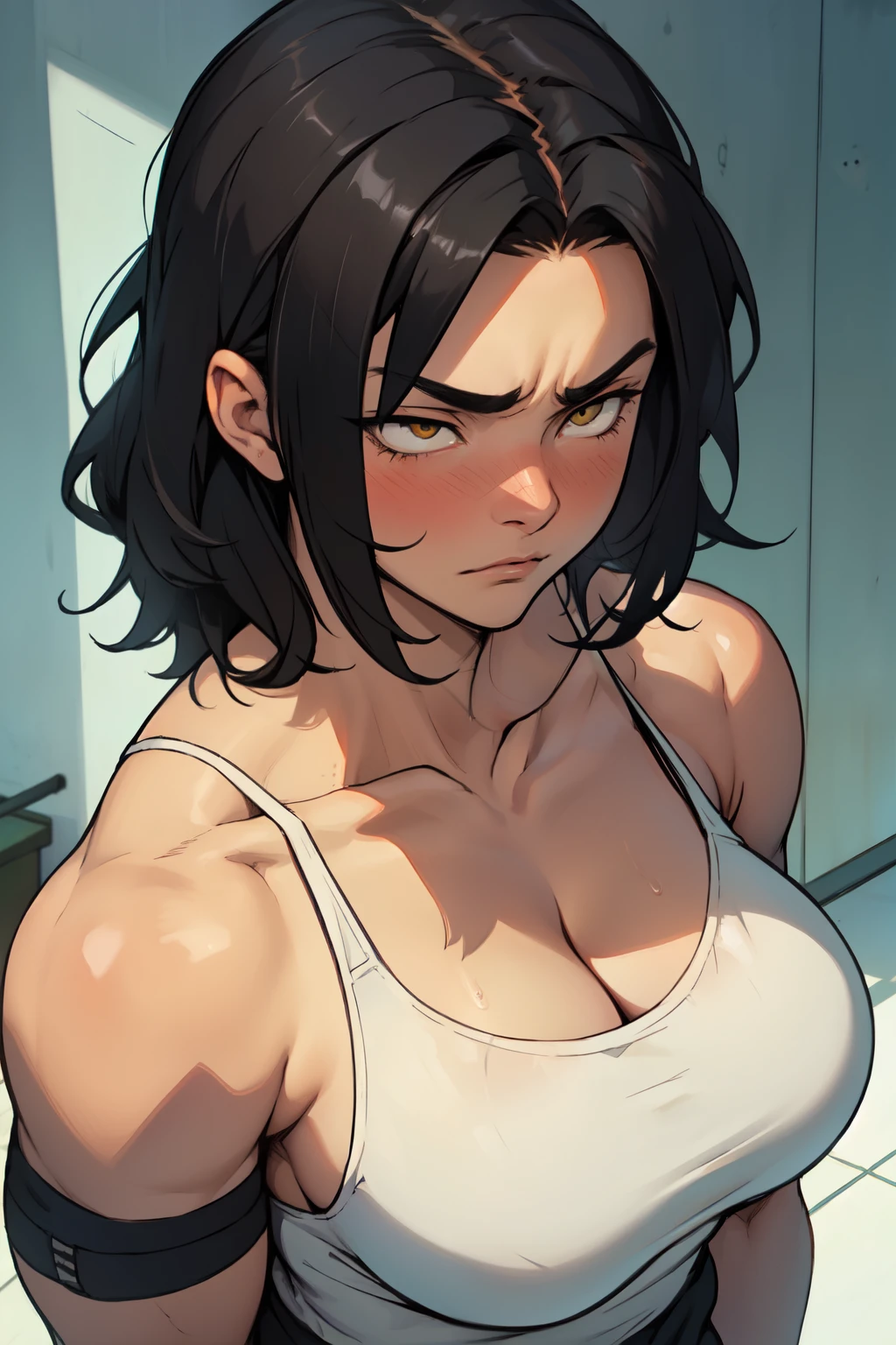 solo muscular girl muscular girl muscular girl thick thick thick breasts breasts breasts massive hair black hair yellow eyes pale skin embarrassed empty eyes sad serious look light blush