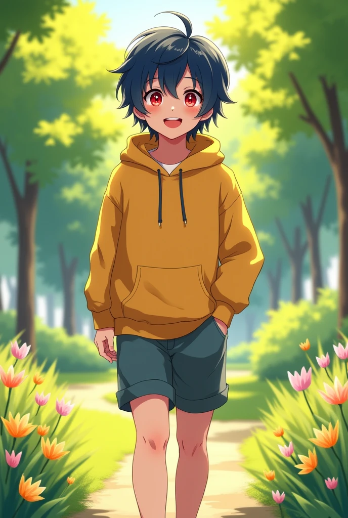 Shoulder length dark blue hair, red eyes, cheerful face, male, yellow hoodie, shorts, slender, 174 cm height, bust shot, cute, cute anime art style, happy, soft artstyle, walking, soft lighting yellow, at park, young adult