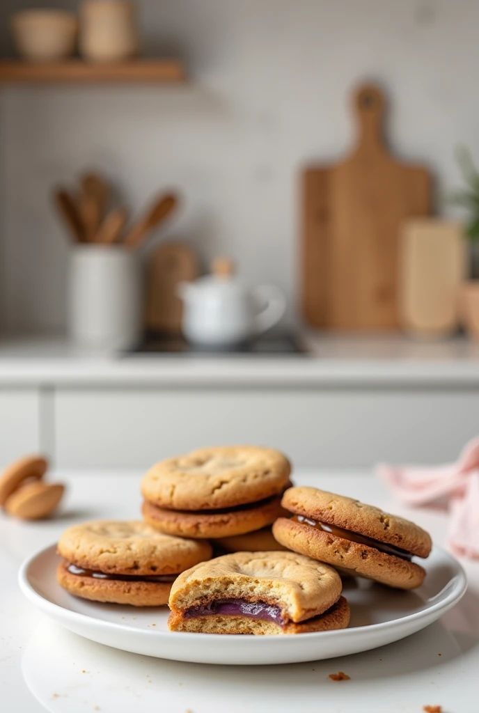 Cookies with caramel i e violet in the center,casual minimal kitchen in the background,photografic,realistc