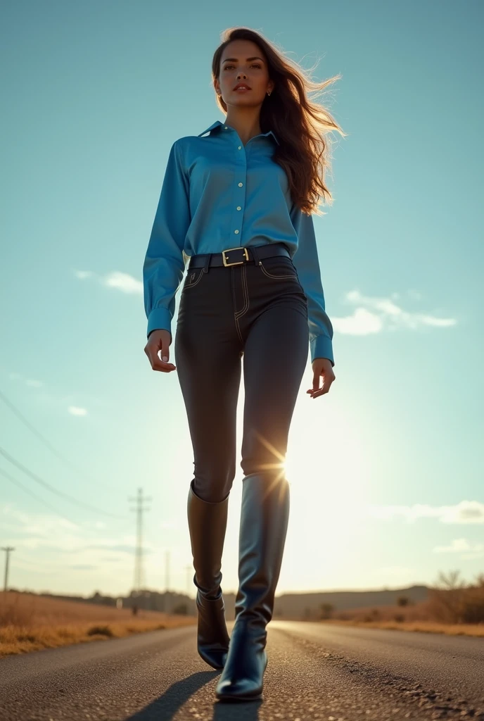 a pretty woman, 42 years old, Brown hair, pretty face, blue shirt, dark pantyhose, black riding boots, giantess, POV shot, lifts her right foot, FULL BODY shot