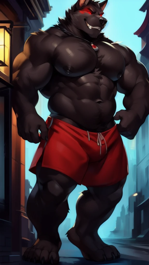 Solo, male, by darkgem, by mystikfox61, by glitter trap boy, by enro the mutt, by juiceps, standing, canine, black fur, red eyes, glowing eyes, muscular, giant, tall, powerful, strong, buff, wide, thick, massive biceps, giant pecs, round pecs, nipples, teeth, fangs, smirking, evil expression, red boxers, massive pecs, round pecs, nipples, big arms and legs and big body