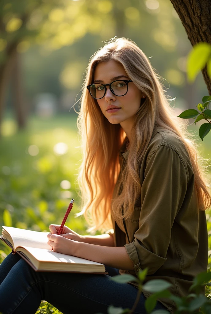a 20 year old woman, long blonde hair, beautiful detailed blue eyes, sharp cheekbones, full body, wearing glasses, writing in a notebook, realistic, photorealistic, masterpiece, 8k, ultra-detailed, cinematic lighting, natural setting, warm color tones, soft focus background
