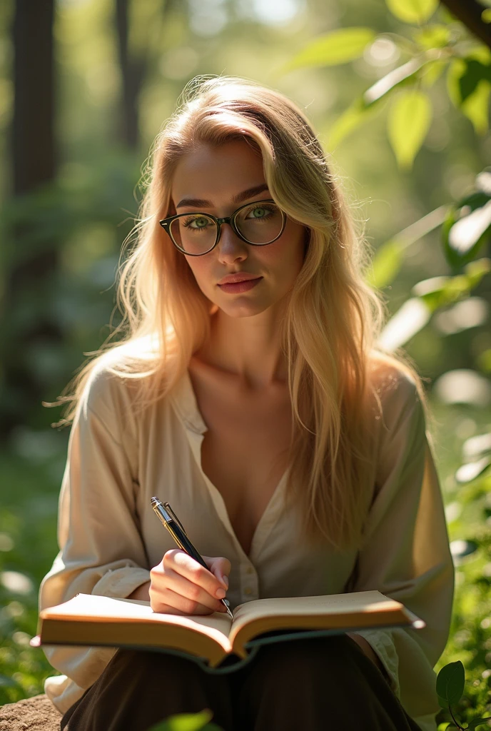 a 20 year old woman, long blonde hair, beautiful detailed blue eyes, sharp cheekbones, full body, wearing glasses, writing in a notebook, realistic, photorealistic, masterpiece, 8k, ultra-detailed, cinematic lighting, natural setting, warm color tones, soft focus background